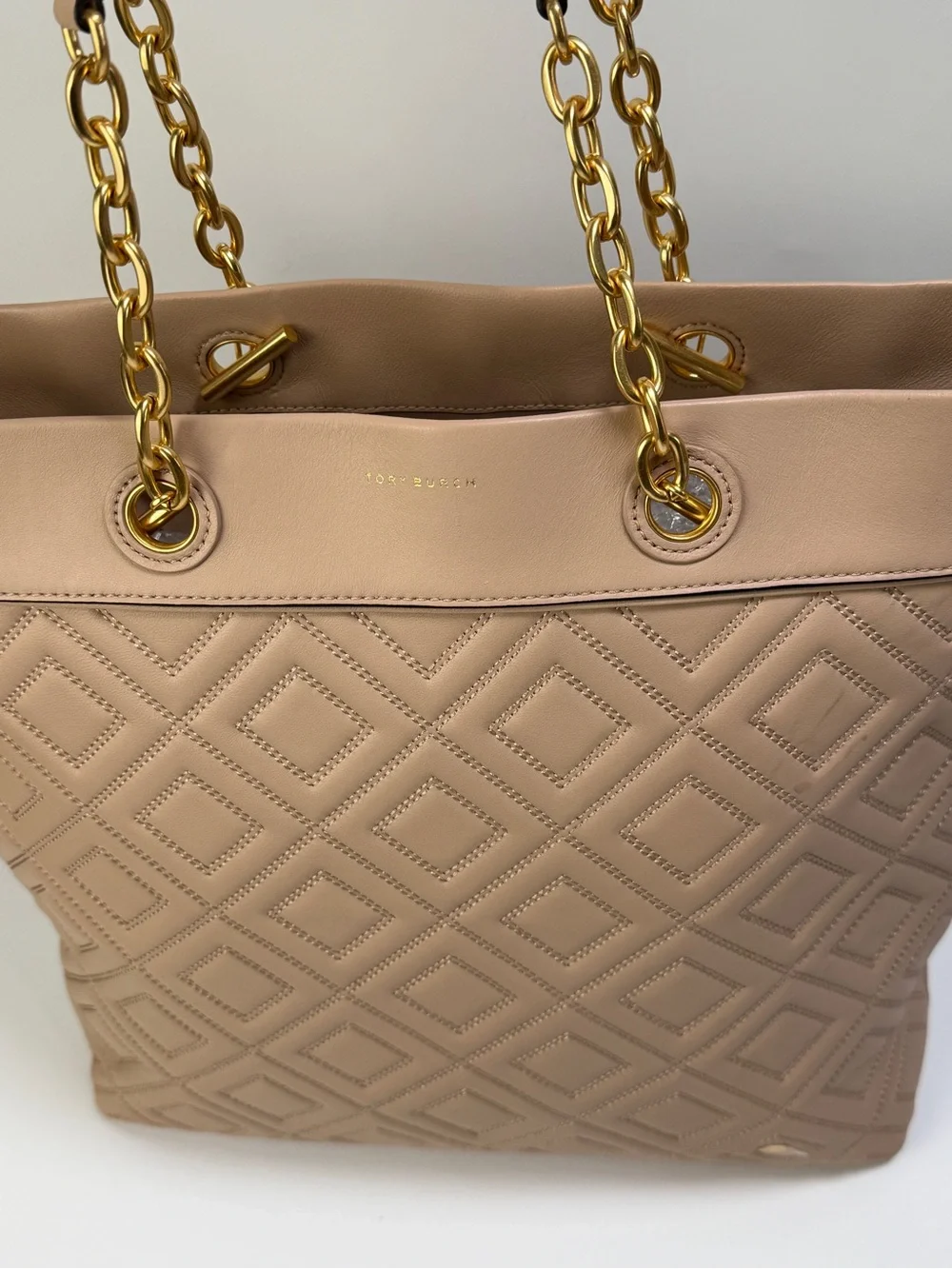 Tory Burch FLEMING Tote Quilted Leather Dual Chain Straps New Mink Like New